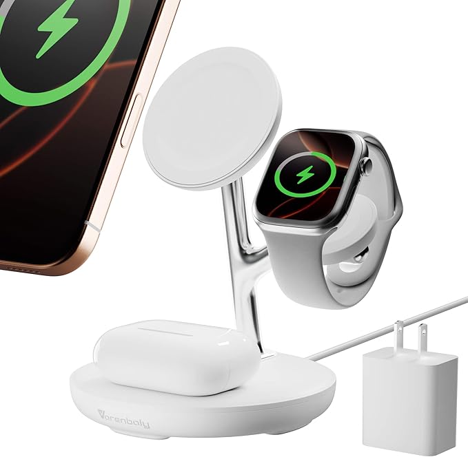 3 in 1 Wireless Charging Station for Multiple Devices Apple, Magsafe Charger Stand, Fast Magnetic Mag-Safe Wireless Charger Dock for iPhone 17-12,Watch Airpods NigntStand Charging Station