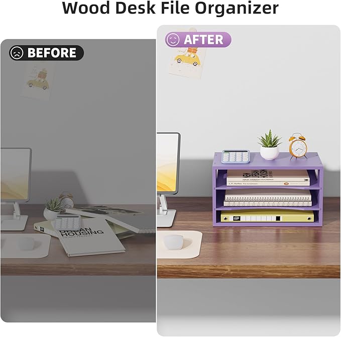 Marbrasse 3 Tier Wood Desk Organizer, Paper Letter Tray Organizer for Desk，Wooden Desktop File Organizer with Handle and Paper Sorter Mail Holder for Office School & Home Supplies Organization-Purple