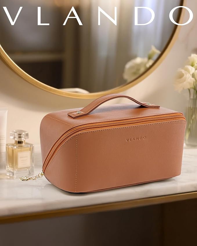 VLANDO Makeup Bag,Travel Toiletry Bag,Cosmetic Bag for Women PU Leather Portable Make up Bag for Skincare, Brushes & Travel Essentials-Brown