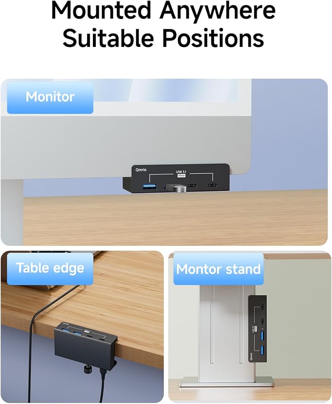USB Hub 3.1, 10Gbps Clamp USB Hub with 2 USB-A Data Ports, 2 USB-C Port with Extra Power Supply Port (Black)