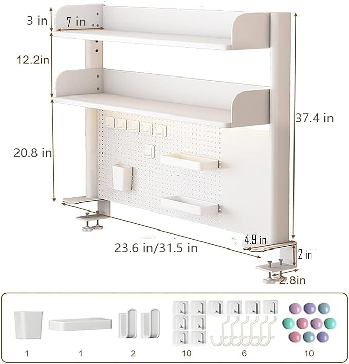 Clamp on Desk Organizer Shelf, Desk Extender Pegboard Workstation White Desk Side Storage Bookshelf Shelves for Office 37.4x31.5 in(HxL)