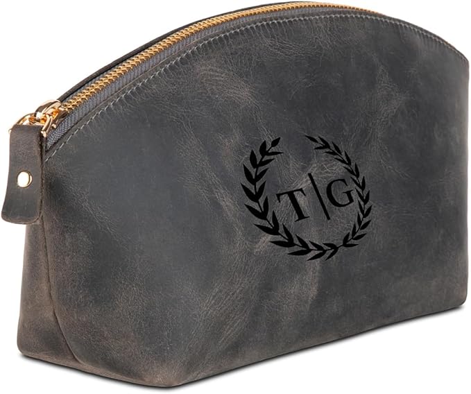 Blade Premium Personalized Genuine Leather Cosmetic Makeup Bag - Wedding Gift for Bridesmaid, Travel Organizer Clutch for Women with Zipper Pouch for Toiletry Essentials (Gray)