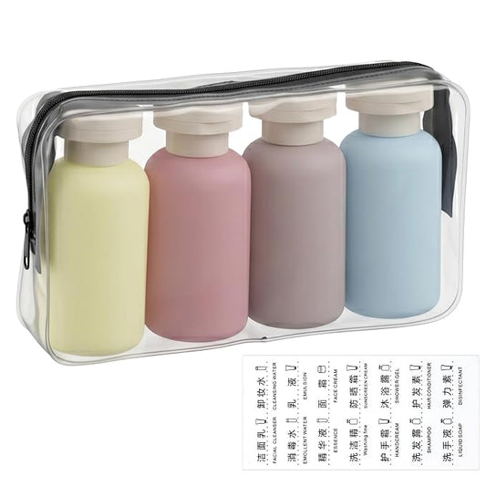 4PCS Travel Bottles Set with Flip Cap, Leak Proof Empty Travel Size Bottle with Storage Bag and Label, Reusable Travels Size Toiletries Containers for Face Cream Lotion Foundation Shampoo