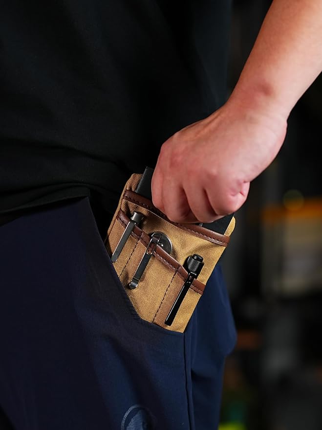 SP4 Waxed Canvas Compact EDC Pocket Organizer, Zippered Pocket Pouch for Men, Mini EDC Organizer for Change, Notebook, Tactical Pen, Flashlight