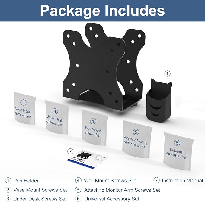Adjustable Thin Client Mini PC Mount Bracket, Mini PC Vesa Mount, Under Desk Mount, Wall Mount and Attached to Monitor Arm Mount for NUC, Dell, HP, Mac mini, Cable Boxes, Wi-Fi Routers and Small CPUs