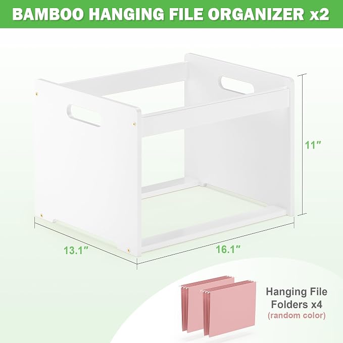 Hanging File Organizer Box for Letter Size, 2 Pack Bamboo File Folder Organizer, Storage Moving Boxes with Handle Wood Desk Filing Box for Office Banker Document