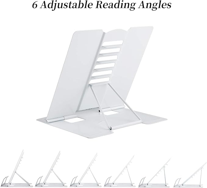 Blizzow Desk Book Stand Holder - Hands Free, Adjustable Metal Stand, Lightweight Foldable Portable - Cookbook, Recipe, Tablet, Music, Documents (White)