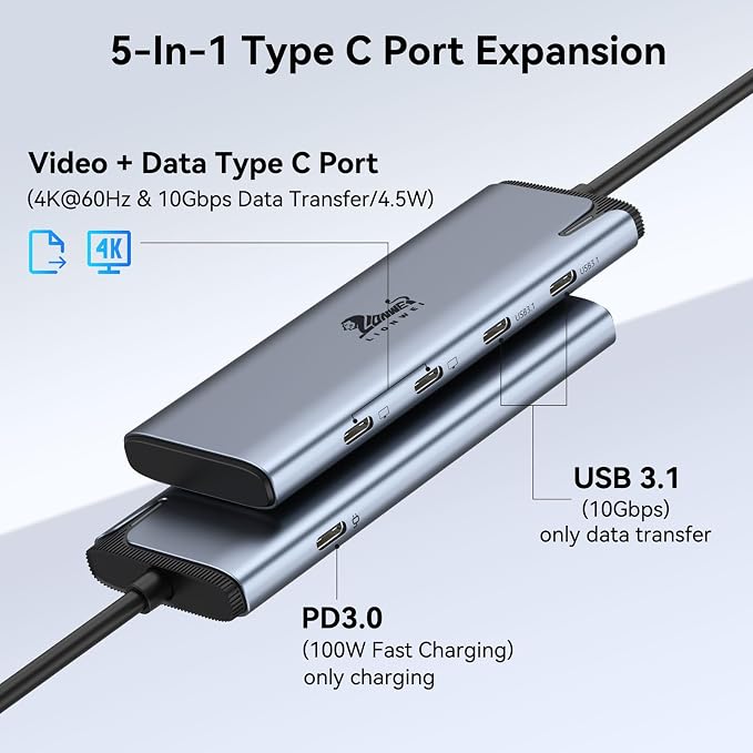 LIONWEI USB C Splitter Dual Monitors for MacBook Pro, 2USB-C Video Output 4K@60Hz, 10Gbps Data Transfer, 100W PD Charging, Dual Monitor Adapter Dongle for USB C Monitor, Windows, MacBook Pro/Air