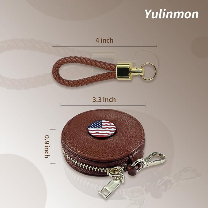 Coffee PU Leather Round Zipper Coin Purse, Badge Wallet with Braided Wrist Strap, Wallet Purse Shoulder Bag, Leather Wallet, Coin Pouches for Women (American Flag)