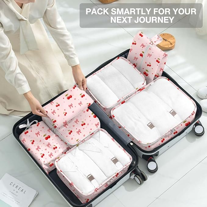 Packing Cubes for Travel,8 Set Luggage Organizer Bags with Mesh Top Panel, Lightweight Suitcase Organizers for Carry On, Family Vacation, Business Trip(Cherry Bows)