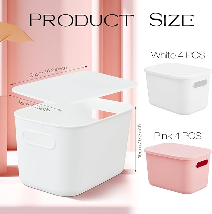 Hoolerry 8 Pieces Colorful Storage Bins with Lid, Plastic Storage Basket Organizing Container Stackable Box with Handle for Shelves Desktop Playroom Office(9.8 x 7.1 x 6.3 Inch,White and Pink)