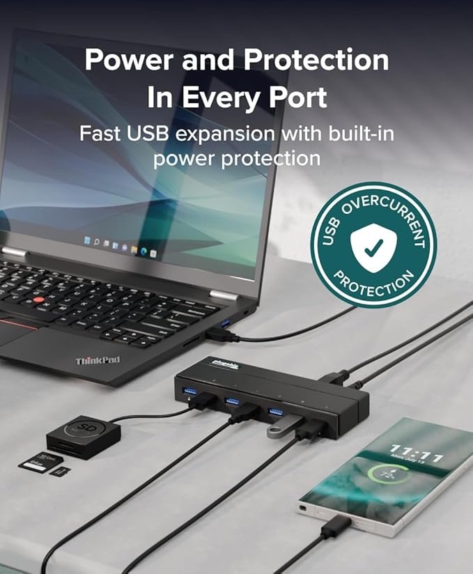 Plugable 7-Port USB 3.0 Hub with 36W Power Adapter - Driverless - Effortlessly Connect Devices and Transfer Data at High Speeds