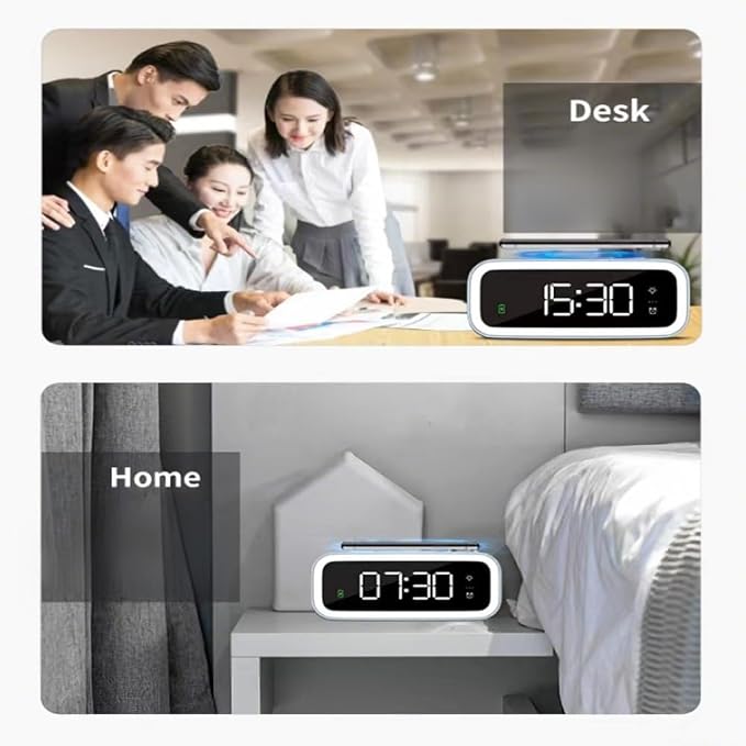 AYI 4in1 Smart Wireless Charging Alarm Clock with Mirror Display | 15W Fast Charger for Phone & Earbuds, 3 Group Alarms, Warm White/Yellow Night Light, Temperature Display Extra USB Port-White