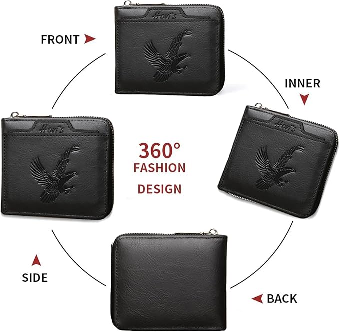 Eagles PU Leather Mens Compact Bifold Wallet, Vintage Zipper Wallet Closure with Detachable Card Case, 2 ID Windows & Snap Coin Pocket for Daily Travel Use
