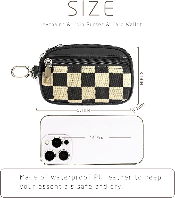 Checkered Dual Pouch Keychain Wallet for Women,Small Mini Zip Leather Coin Purse with Wrist Strap,wristlet hangbags,Black