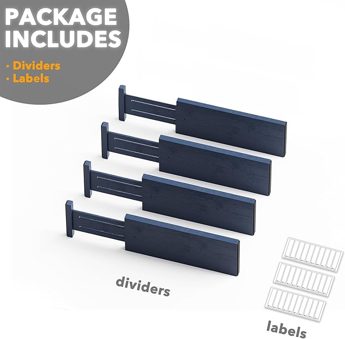 SpaceAid Bamboo 4 Pack Dresser Drawer Dividers, 4.65??High Adjustable 12.5??17??Drawer Organizers, Expandable Organization for Clothing, Clothes, Dressers, Navy Blue