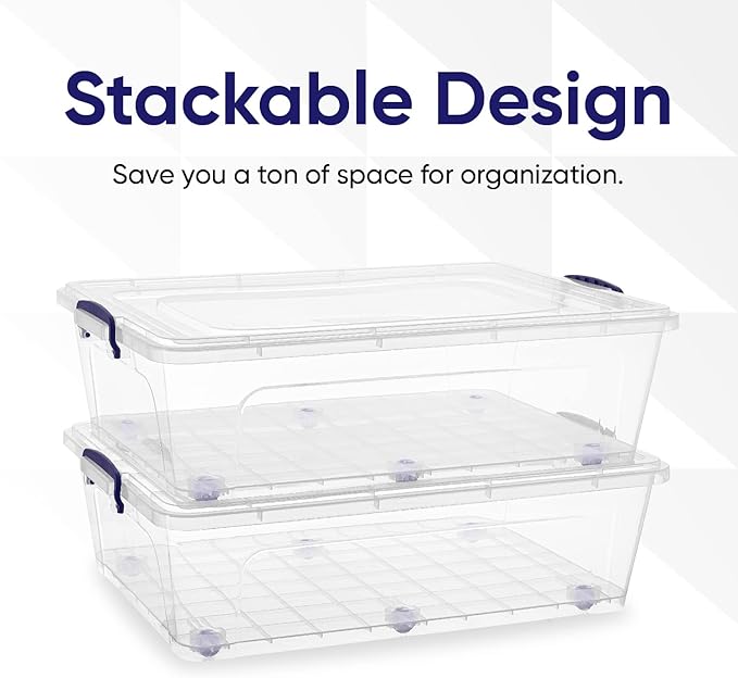 Superio Under Bed Storage Containers with Wheels (3 Pack), Flat Clear Storage Bin Stackable Large Storage Latch Box with Lids Store Cloths, Bedding, Linen, For Under The Bed, Garage, Home