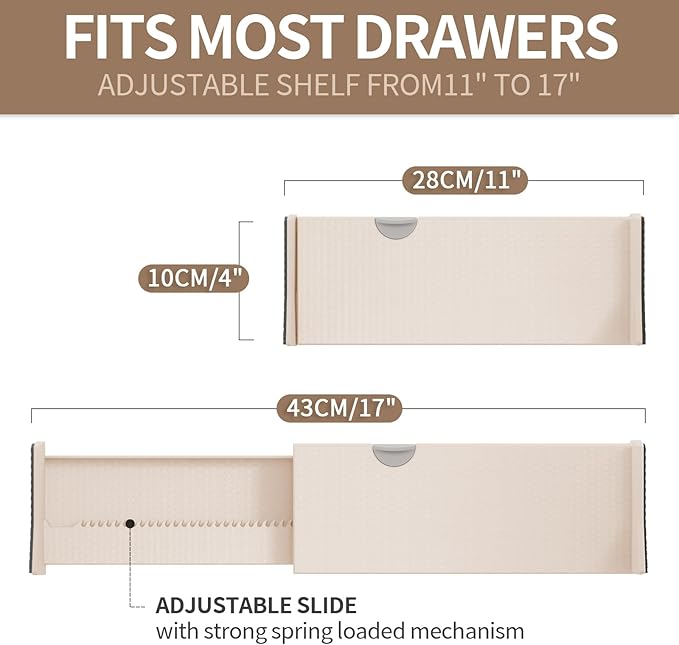Drawer Dividers Organizer, Adjustable Separators 4" High Expandable from 11-17" for Bedroom, Bathroom, Closet, Clothing, Office, Kitchen (Beige, 8 PACK)