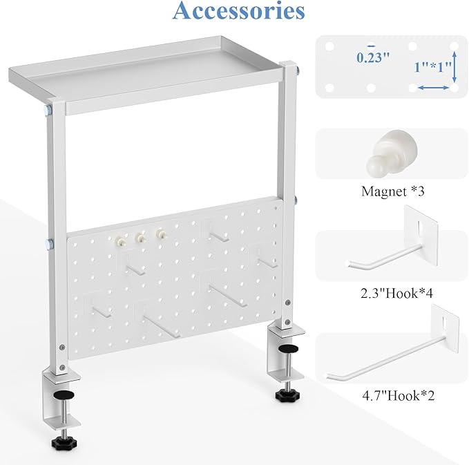 Jumyee Metal Clamp On Desk Shelf with 2-Tier Storage, 270° Flip Magnetic Clamp On Pegboard Organizer with 6 Hooks, Desktop Organizer White Desk Shelf for Home Office Gaming Accessories(White)