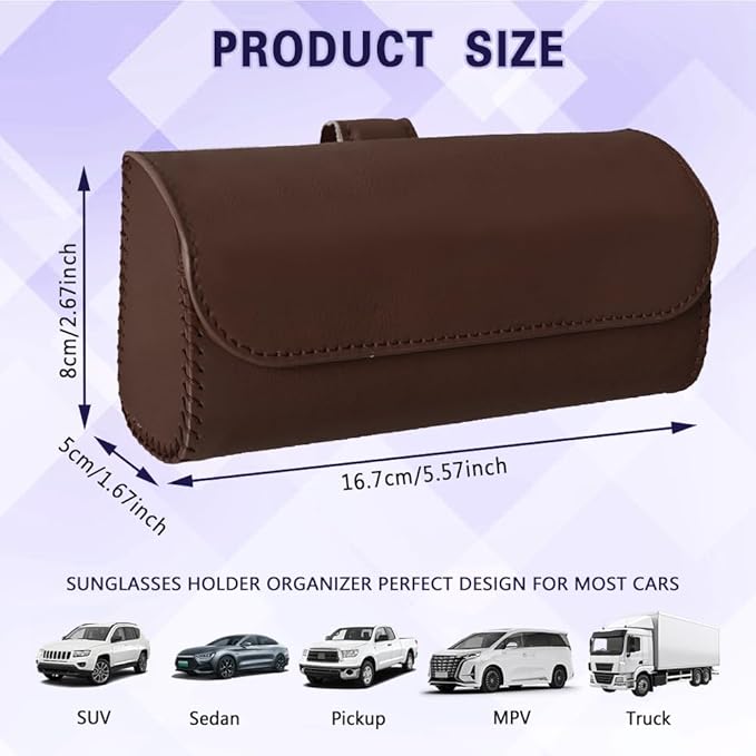 Sunglasses Holder for Car Sun Visor, Sunglass Organizer for Car, Magnetic Leather Eyeglasses Protective Storage Case, Waterproof Glasses Organizer Visor Accessories for Vehicles (Brown)