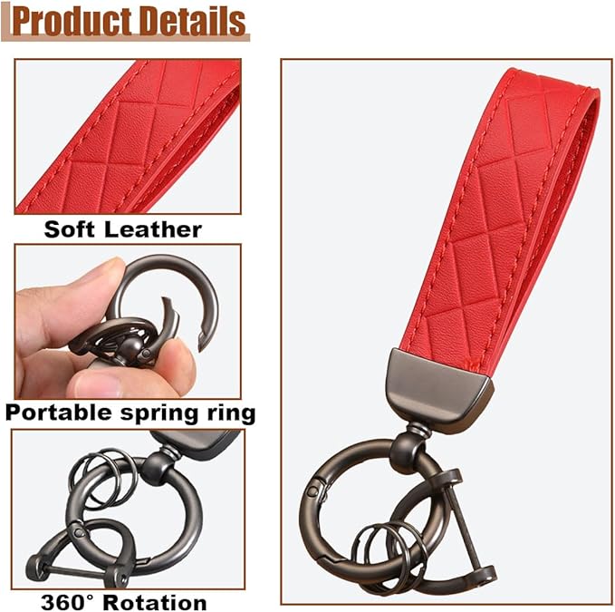 Leather Car Keychain - 360 Degree Snap Swivel Key Ring - Key Tag Car Key Fob Keychain Holder with Anti-Lost D-Ring - Key Organizer for Men Women (Red)