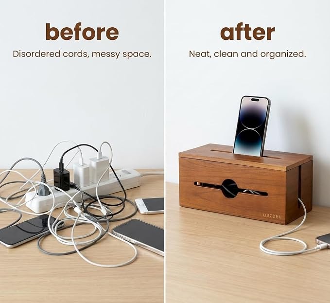 Wooden Cable Management Box for Power Strips, Desk Cord Organizer for Home Office & TV Stand, Hidden Cable Storage with Phone Stand