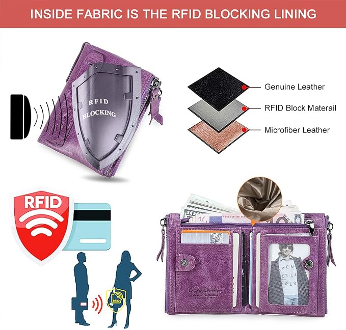 CONTACTS Soft Leather Wallet for Women Small Bifold Coin Purse Double Zipper Card Holder with RFID Blocking (Purple)