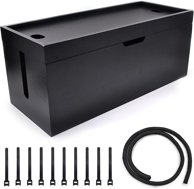 15 inch Bamboo Large Cable Management Box, Cable Box Organizer Cord Box Hider - Power Strip Box Hider Cable Storage Box for Office, TV Wires, Desk Cord Organizer, No Assembley Required, Bamboo (Black)