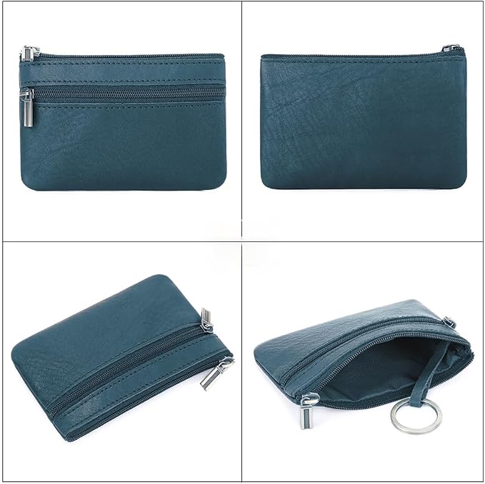 Genuine Leather Coin Purse, Small Coin Pouch for Men Women, Cash Change Wallet Key Holder Money Pouch with Key Ring, Zipper Storage Bag Coin Organizer (Blue)