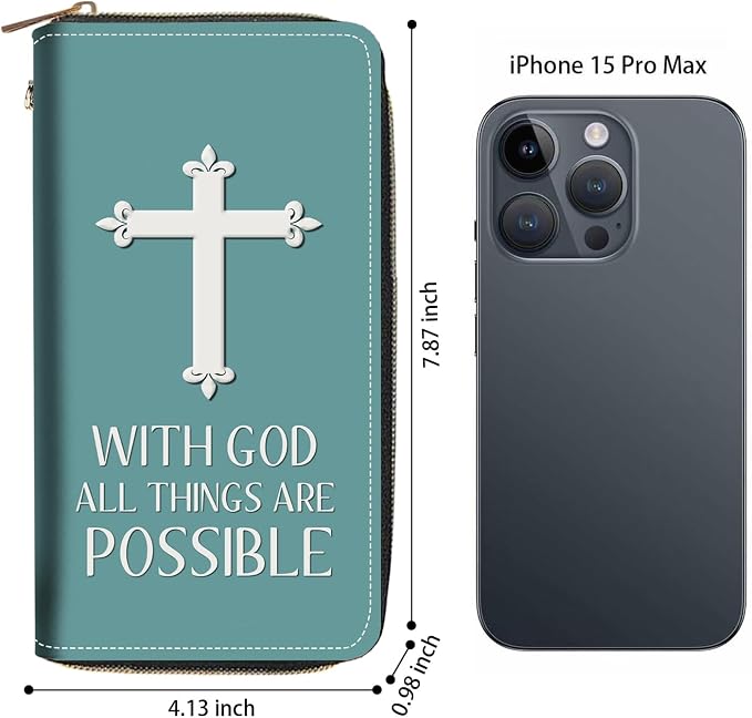 Women's Large Capacity Wallet PU Leather Zip Around Clutch Purse Multifunctional Wallet with Removable Wristlet Strap for Smart Phone/Coin/Card/Cash, Christian Cross with God All Things are Possible
