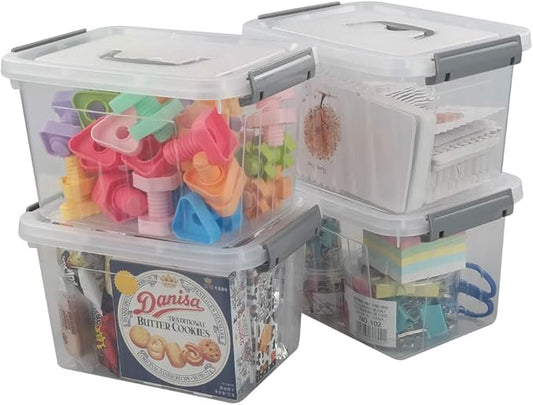 Jekiyo Clear Plastic Storage Bin, 6 Quart Latching Box Container with Lid, 4 Packs