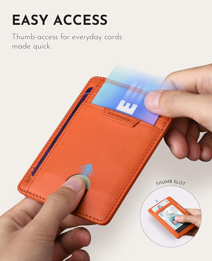 Buffway Slim Wallet for Men Women Minimalist Small Leather Front Pocket Wallets with RFID Blocking and Gifts Box - Bassa Orange
