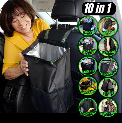 CarCan The Original 3 in 1 Hanging Car Trash Can for Back Seat, Cooler & Storage Bag – Metal Framed, Washable & Reusable Car Trash Bin with 3 Pockets Pack of 10