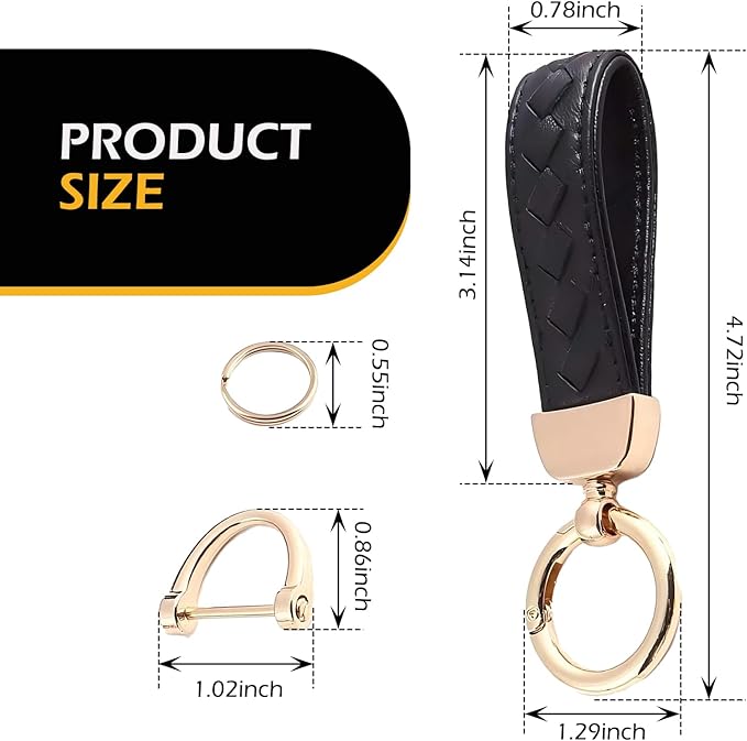 Car Keys Keychain, Leather Key Chain, Black Leather Wristlet Keychain with 2 Key Ring andAnti-Lost D-Ring, Keyfob holder for Women Men (Black)