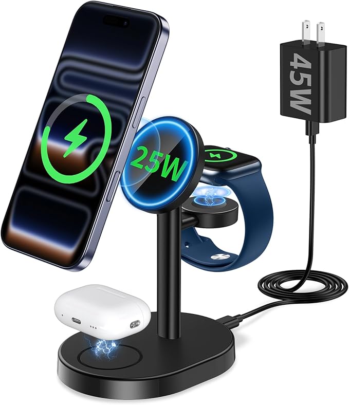 Hevanto 25W 3 in 1 Super Fast Charging Station for Apple MagSafe Charger, Wireless Magnetic Mag-Safe Charger Stand for iPhone 17 16 15 14 13 12 Apple Watch AirPods Series, 45W Adapter Included