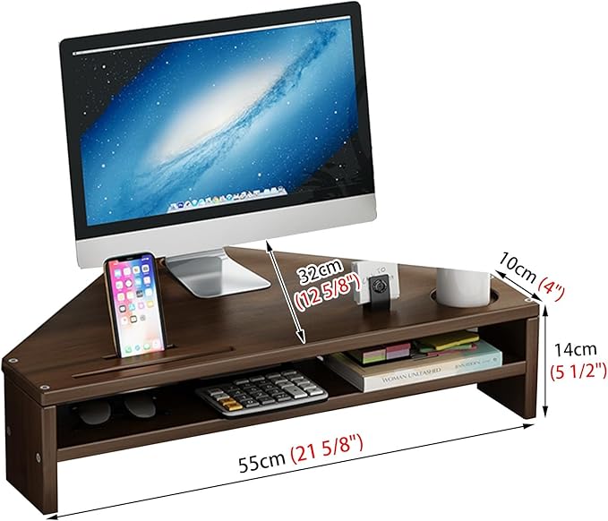 YANBI Corner Monitor Stand Office Triangle Tabletop Monitor Riser, Double-Layer Wood Corner Monitor Stand Screen Holder, Universal Computer Stand Riser with Storage (Color : Brown)