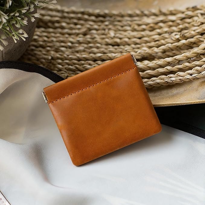 Genuine Leather Mini Squeeze Coin Purse Pouch Small Coin Wallet Change Holder Portable Leather Pocket Cosmetic Bag Travel Makeup Lipstick Pouch Crimp Closure for Women Men