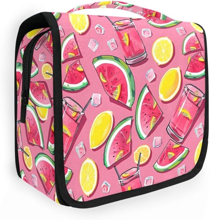 Hanging Travel Toiletry Bag Kit Boys Makeup Case Cosmetics Organizer for Men Women (Watermelon Slices Pink Lemonade)