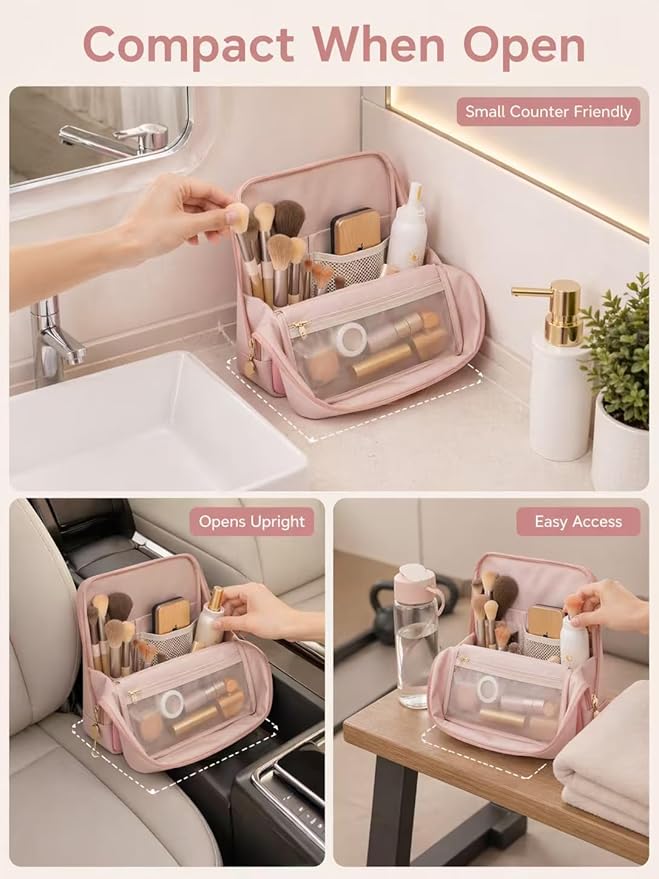 Large Travel Makeup Bag for Women, Large Makeup Bag Organizer with Brush Compartment, Upright Cosmetic Bag and Toiletry Bag, Wipe-Clean PU Makeup Pouch, Pink
