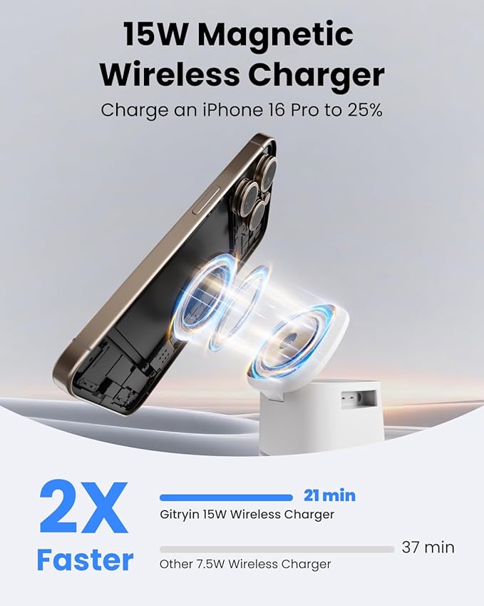 Gitryin Magnetic Wireless Charger Stand for Apple Devices, 3 in 1 Travel Charging Station, 15W Foldable Charging Dock for iPhone 17/16/15/14/13/12, Apple Watch Ultra, AirPods 4 3 Pro