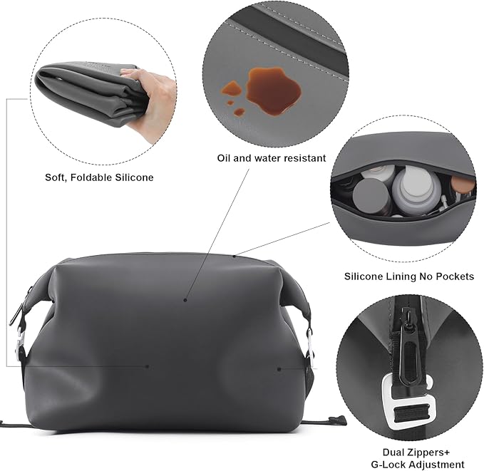 Vomgomfom 6L 13 Inch Silicone Toiletry Bag, Waterproof Leakproof Travel Cosmetic Organizer, Adjustable G-Buckle Compression Dopp Kit, Foldable Makeup Bag for Women & Men (Grey, 6.5”3L)