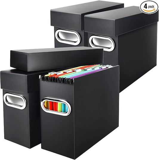 File Organizer Box with Lid & Handle, Heavy Duty Hanging File Folder Storage Boxes for Letter Size, Portable Filing Organizer for Office, Home, Classroom, Black 4 Pack