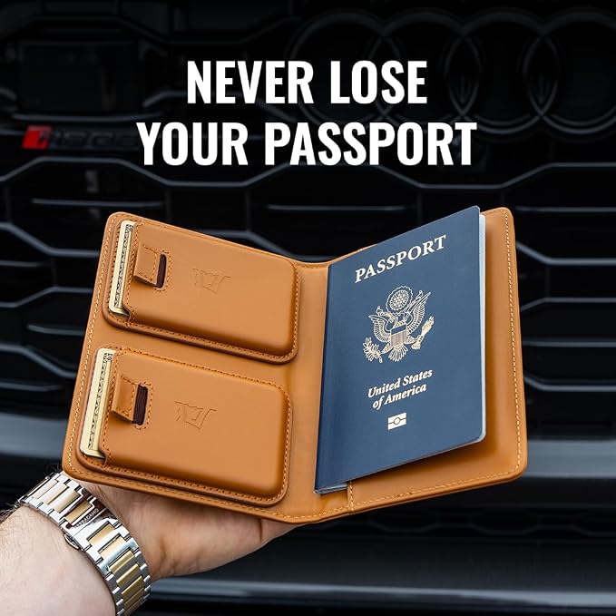 Kings Loot Passport Holder Wallet – RFID Blocking Leather Travel Wallet with Built-in Airtag Holder – Holds 1-6 Cards & Passport – Easy Pull Tab – Slim & Stylish Wallets (Cognac)