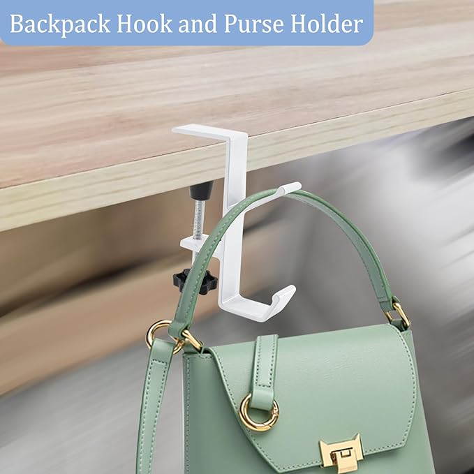 Desk Mount Bag Holder Hook Clamp,On Backpack Hanger Portable Desk Mount Headphones Holder for Reduce Desk Clutter Table Desk Table Hanging Storage (2 Pcs-Double Hook White)