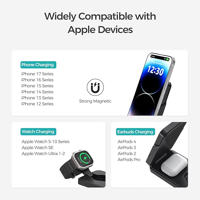ANJANK 3 in 1 Foldable Wireless Charging Station for Travel, 5000mAh Removable Mag-Safe Power Bank, Portable Magnetic Charger Stand for iPhone 17 16 15 14 13 Pro Max Plus, Apple Watch Series, AirPods