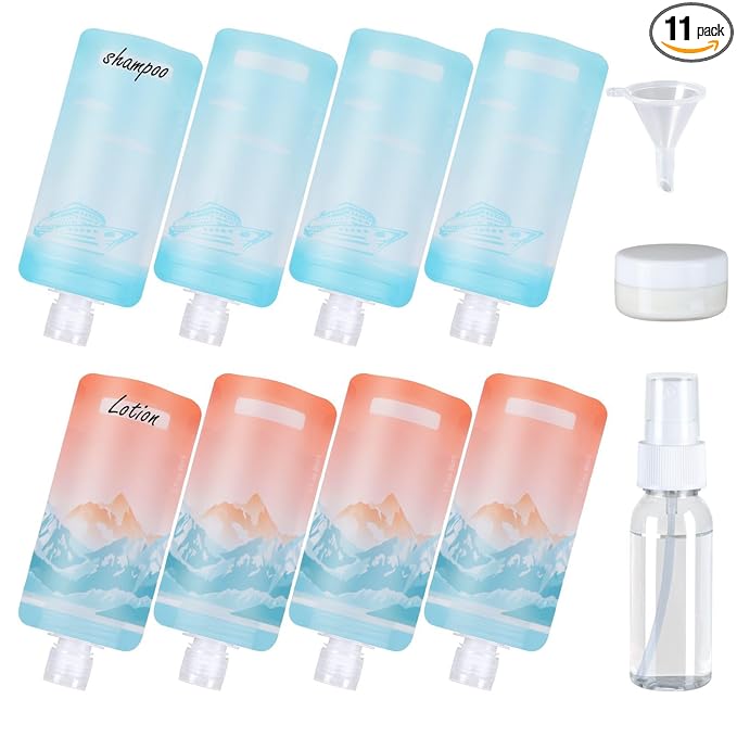 PACKISM 11 Pack Travel Pouches for Toiletries, 3 oz TSA Approved Liquid Containers, Leak Proof Squeeze Bags for Cruise & Camping, Space Saving Refillable Carriers, Active Mountain Cruise Ship