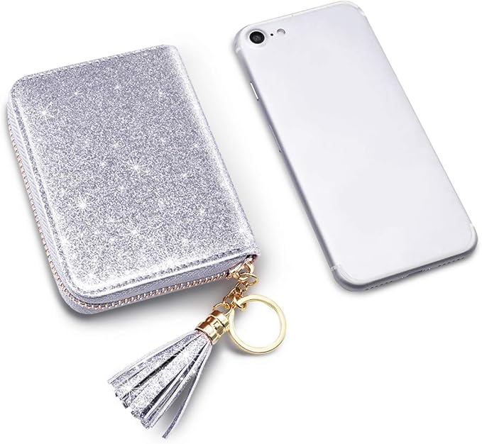 Coco Rossi Women's Small Credit Card Wallet RFID Glitter Cute Credit Card Holder Wallets for Women -Silver