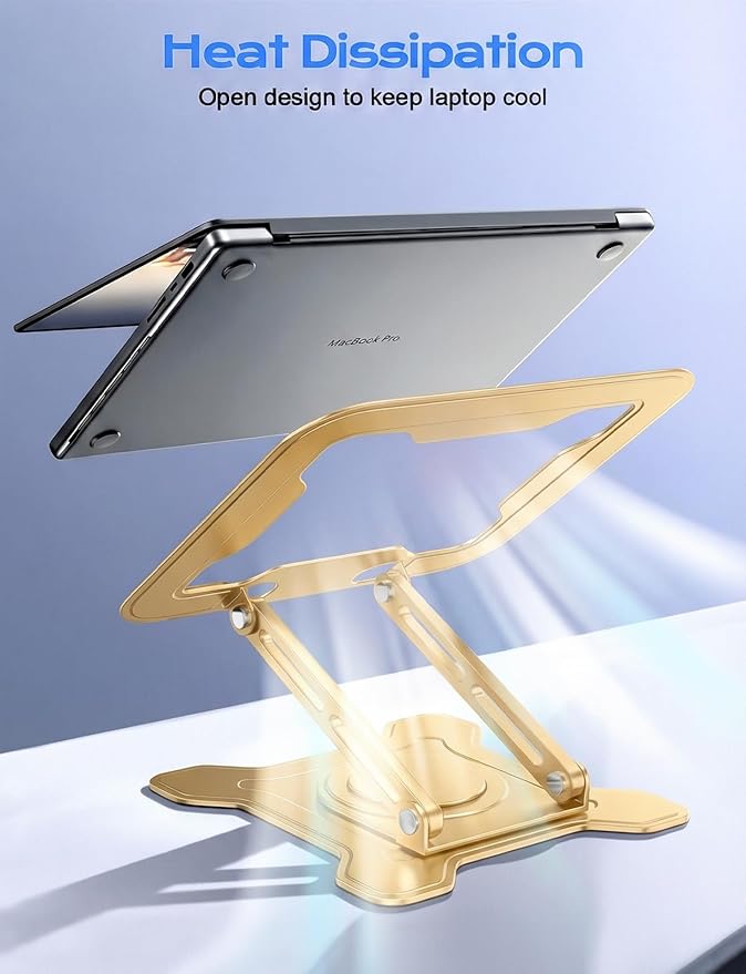 Adjustable Laptop Stand for Desk, 360° Rotating Base Ergonomic Computer Stand, Laptop Riser Foldable Protable for Office Home Fits Compatible with MacBook Pro/Air Notebook up to 10-16" Gold