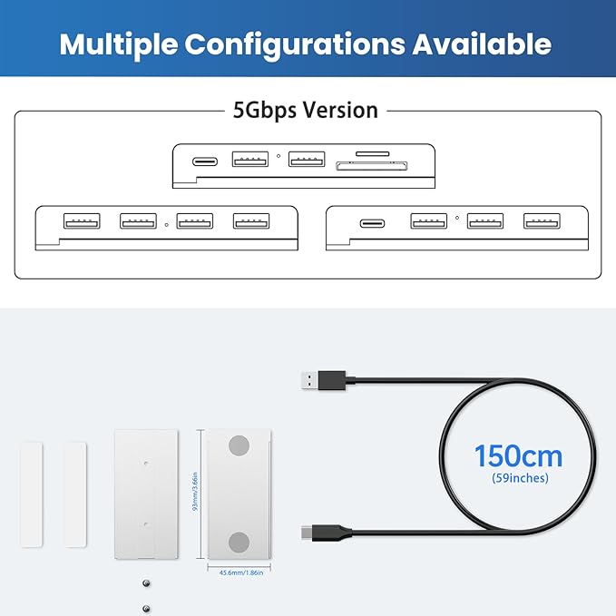 EJAY 4-Port Magnetic USB 3.0 Hub with 5Gbps Speed, Aluminum USB Adapter for MacBook/Laptop/Desktop, Industrial-Strength Magnetic Mount, 3-Way Installation, 59"+39" Cables, Silver
