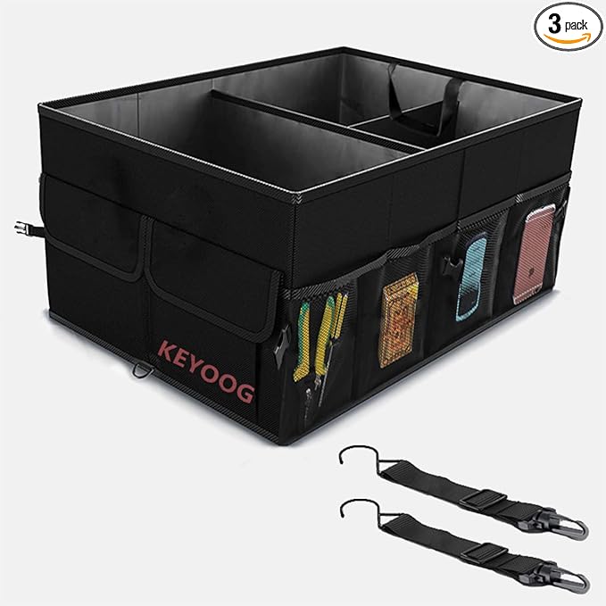 KEYOOG Sturdy Car Trunk Organizers and Storage, Waterproof Durable Collapsible Multi-Heavy Duty, Non-Slip Bottom & Adjustable Securing Straps - for Car, SUV, Truck, or Van (3 Compartments, Black)